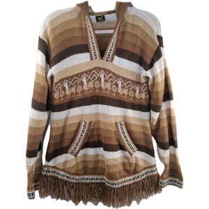Alpaca Hooded Sweater Unisex Hand Woven Fringe Size - See Description